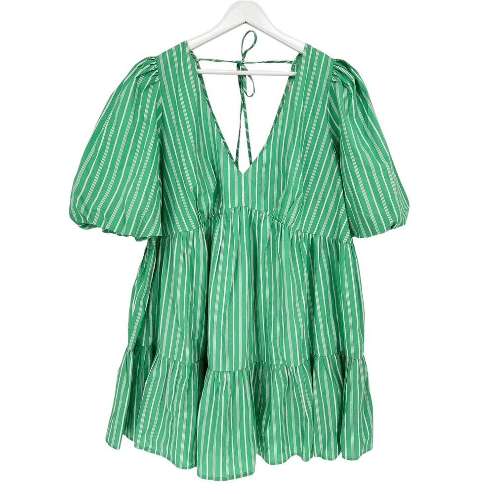 Nobody's Child Dress Womens 14 Green Striped Puff Sleeve Tiered Babydoll Mini